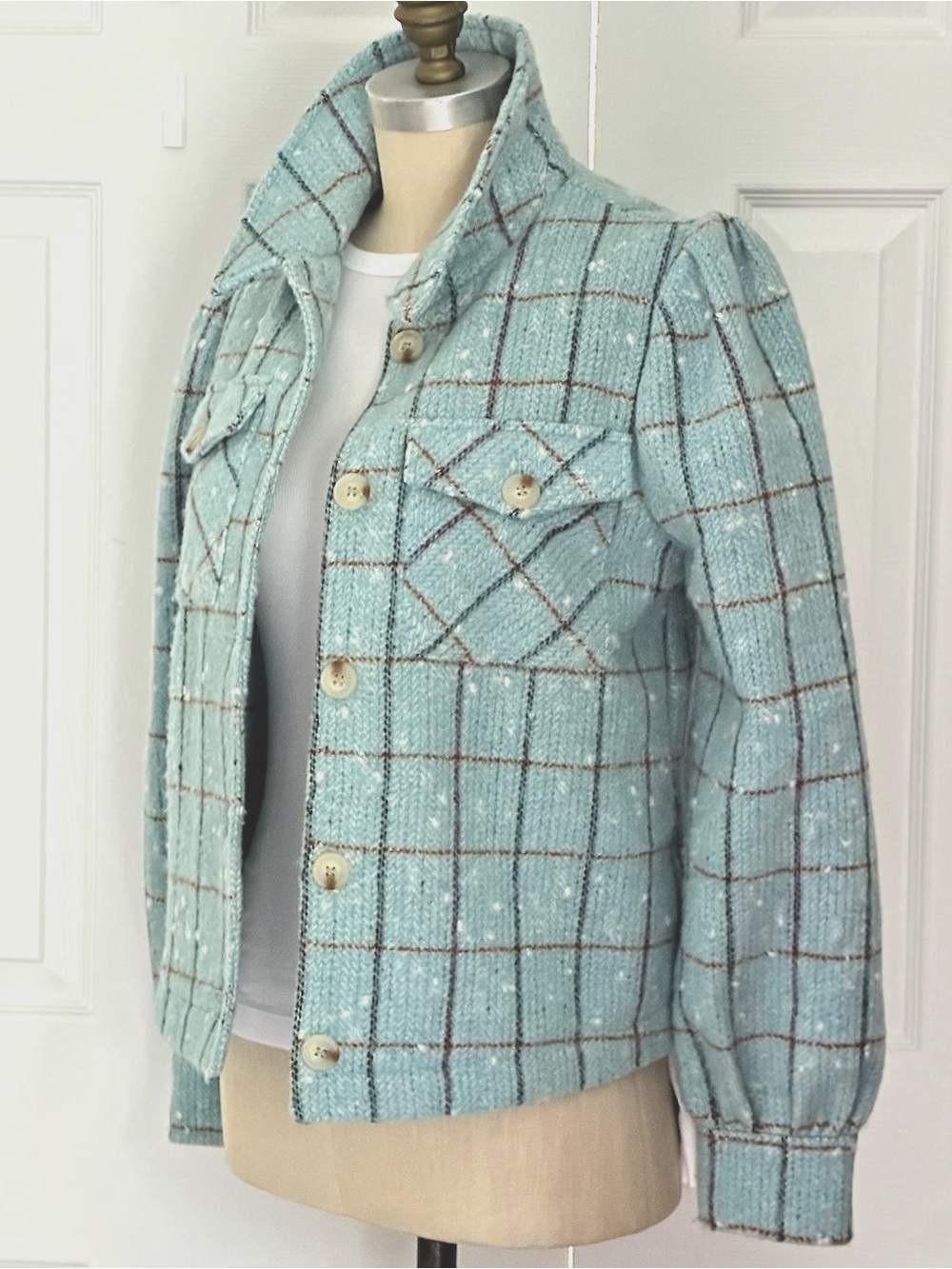 Greylin Sammy Eyelash Knit Plaid Shacket Blue Size S Like New!